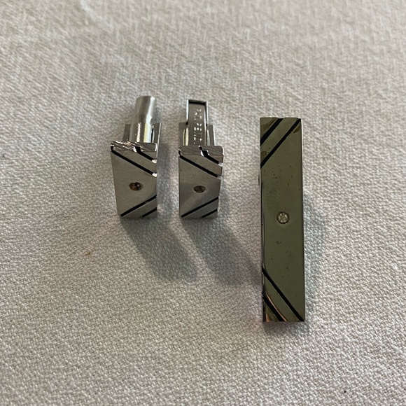Cuff links/tie tack, silver tone, vintage, stripes - Picture 1 of 3